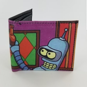 Handgemaakte leren BENDER Futurama en Homer Simpson cartoon combo geïnspireerde tweevoudige portemonnee. Volledig lasergeprint