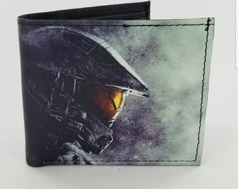 Cartera plegable de cuero inspirada en videojuegos hecha a mano. Regalo de Navidad, totalmente impresa con láser.