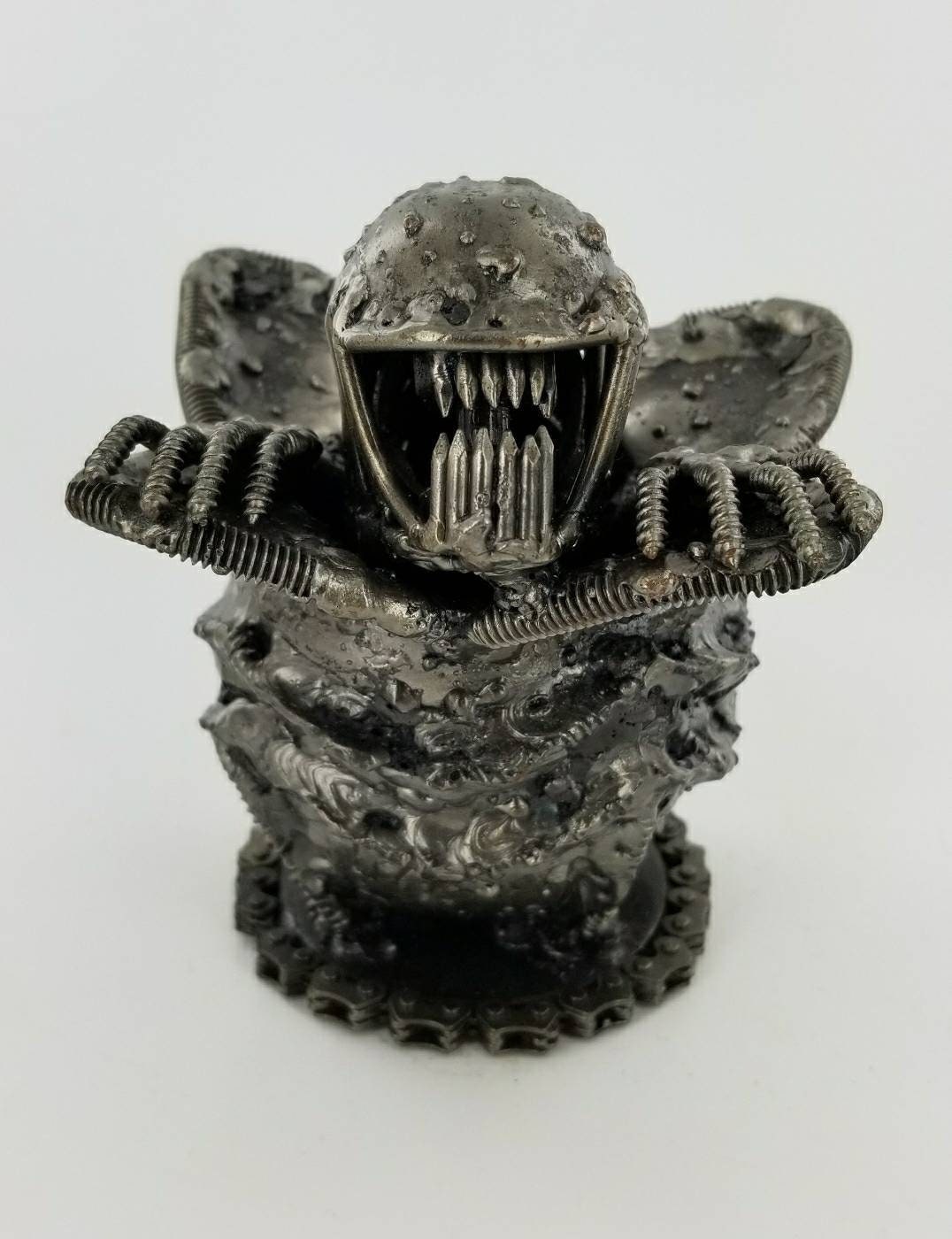 Hatching Alien Egg, Handmade Recycled Metal Art Sculpture, Pen Holder, Scrap Steel Xenomorph Inspired.made From Nuts, Bolts, Bits & Pieces