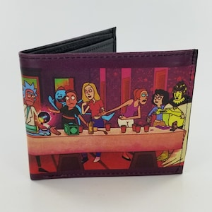 Cartera de cuero plegable inspirada en dibujos animados, diseño de la última cena, totalmente impreso con láser, regalos de Navidad