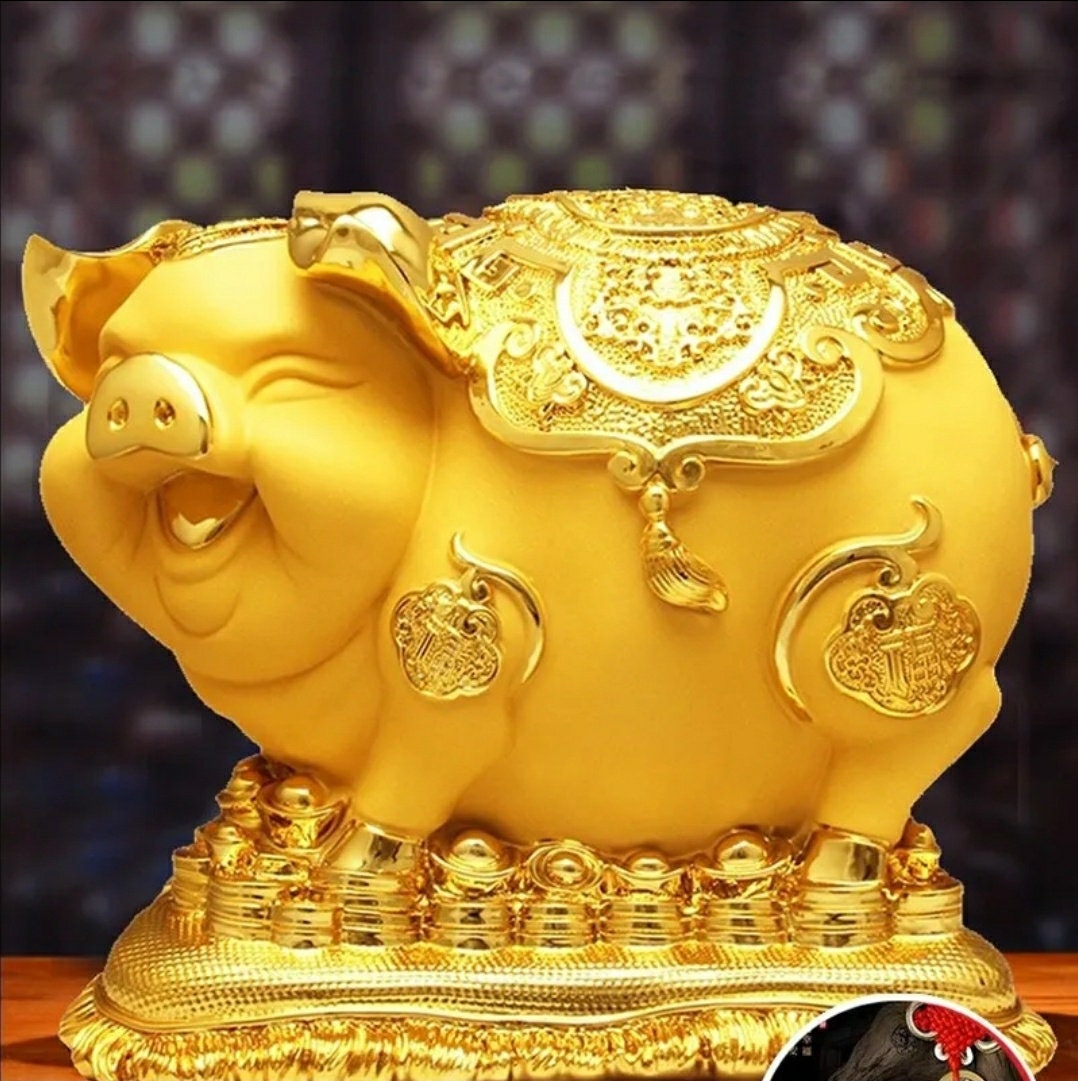 Gold Chinese Happiness Piggy Money Bank 6 inches - Just Asian Food