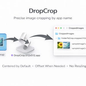 Könnte beinhalten: Eine digitale Illustration der App "DropCrop", die für präzises Zuschneiden von Bildern entwickelt wurde. Das Bild zeigt einen blauen Ordner mit der Bezeichnung "FolderToCrop", ein App-Symbol und ein Fenster mit zugeschnittenen Bildern. Text hebt Funktionen hervor.