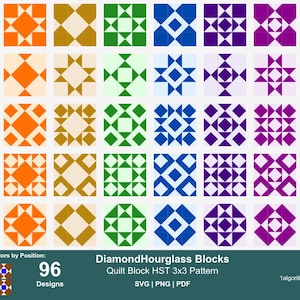 Diamond Hourglass Quilt Blocks, 96 HST 3x3 patterns • svg | png | pdf • Clipart, patterns, designs, Barn Quilts. digital, printable, 9-patch