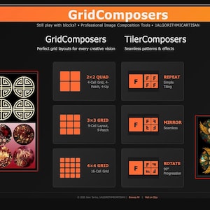 Rastercomponisten: 2 x 2, 3 x 3, 4 x 4, herhaald, gespiegeld, gedraaid. Creativiteit via slepen en neerzetten voor social media-lay-outs en patroonontwerp.