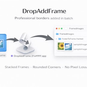 May include: Diagram illustrating the DropAddFrame application, showing a blue folder labeled "FolderToFrame" with images of a sunflower and a seascape. The application adds professional borders in batch, with "Stacked Frames", "Rounded Corners", and "No Pixel Loss" features.