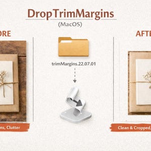 May include: Diagram showing the "DropTrimMargins" feature for MacOS. The image presents a before-and-after comparison of a package with uneven margins and clutter, and a clean, cropped version. Text includes "BEFORE", "AFTER", and "Clean & Cropped, Ready to Post."