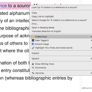 May include: A computer screen displaying a document with highlighted text and a context menu. The highlighted phrase is "A citation is a reference to a source." The menu provides citation copying options.