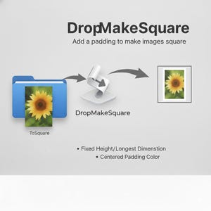 May include: Diagram showing how to square images with "DropMakeSquare". A blue folder with a sunflower image is converted into a square image. Text includes "ToSquare", "DropMakeSquare", and feature descriptions.