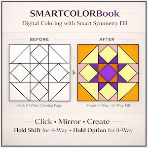 May include: An image showcasing a digital coloring book, "SMARTCOLORBook," with before and after examples of a geometric design. The left side displays a black and white coloring page, while the right shows the colored version with vibrant hues. Instructions are included.