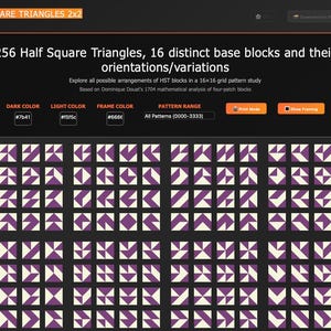 May include: A digital graphic displaying 256 Half Square Triangles in a 16x16 grid pattern. The design features various arrangements of HST blocks in dark purple and cream colors. Text at the top reads "STUDIES IN HALF SQUARE TRIANGLES 2x2".