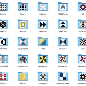May include: A collection of blue folder icons, each labeled with a unique name and featuring a geometric design. The designs include various shapes, patterns, and color combinations, suitable for digital art or design projects.