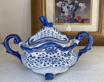 Vintage Blue and White Lidded Tureen – Possibly Russian Ceramic