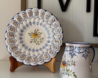 Signed D. Mancebo Vintage Talavera Hand-Painted Pottery Plate & Pitcher Set (2 Pieces) Mediterranean Folk Art
