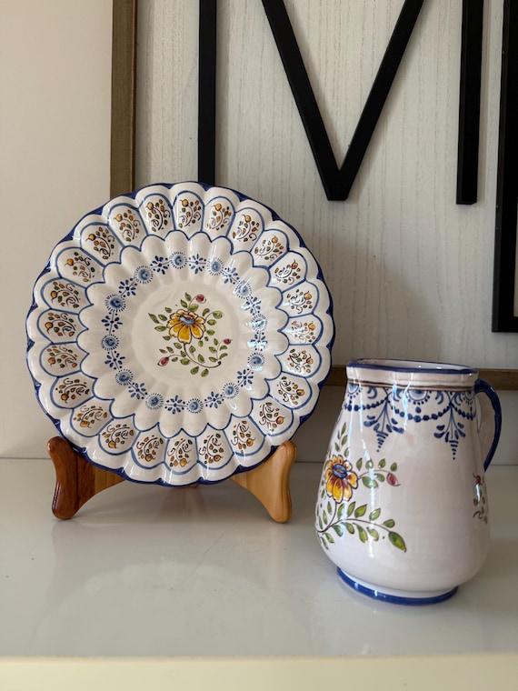 Signed D. Mancebo Vintage Talavera Hand-Painted Pottery Plate & Pitcher Set (2 Pieces) Mediterranean Folk Art