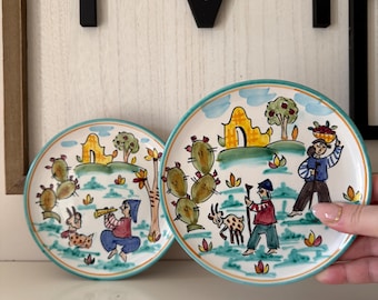 Set of 2 Italian Hand Painted Decorative Wall Plates | Folk Art Ceramic Plates | Pastoral Countryside Scenes