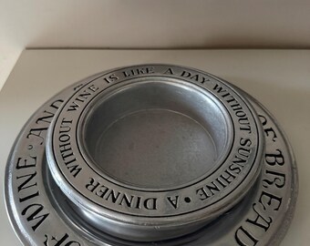 Vintage Pewter Bread Plate & Wine Coaster Set – Funny Wine Quote “Without Wine…” – Rustic Kitchen Decor – 2 Piece Set