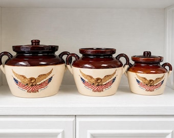 Vintage McCoy Pottery Spirit of ’76 Crock 3 pcSet – Federalist Kitchen Decor