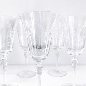 May include: A set of five clear wine glasses with etched floral and leaf designs. The glasses have a classic shape with a long stem and a wide bowl. The etched details add a touch of elegance to the glassware.
