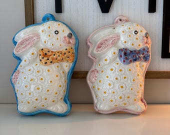 Vintage Da Forno Italy Bunny Mold Set of 2, Hand Painted Ceramic Rabbit Wall Decor, Italian Baking Mold, Easter Spring Decor