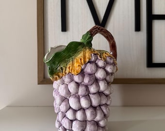 Vintage Italian Grape Pitcher 9.5” | Hand Painted Ceramic Fruit Pitcher | Made in Italy Majolica Style