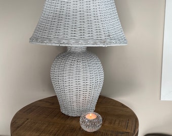Timeless Charm: Vintage White Wicker Table Lamp with Elegant Shade"