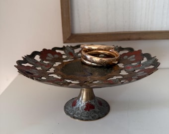Vintage Brass Peacock Pedestal Dish – Hand-Painted Enamel Compote Bowl – Ornate Decorative Dish