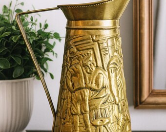 Vintage Brass Pitcher – Embossed Tavern Scene Jug – Decorative Metalware Vase – Mid-Century Barware