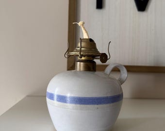 Signed Vermont Studio Pottery Oil Lamp | Handmade Stoneware Crock Lamp | New England Folk Art