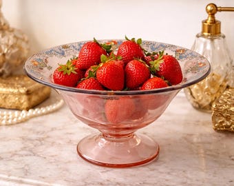 Vintage Pink Glass Compote | Hand-Painted Floral Centerpiece
