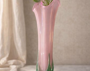 Signed White Elk Rose Series Vase 2000, Pink Hand Blown Art Glass Vase, Floral Studio Glass, Tall Trumpet Vase
