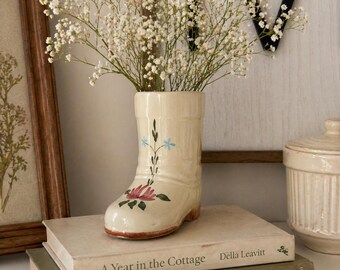 Vintage Boot Shaped Vase | Hand Painted Floral Pottery | Folk Art Boot Vase | Dated 1952