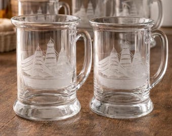 Vintage Etched Clipper Ship Mugs (Set of 4) | Mid Century Barware