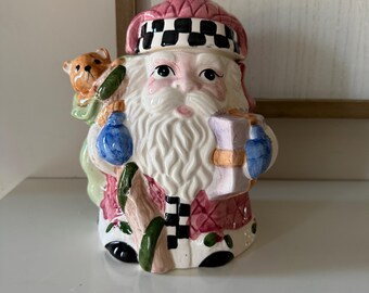 Vintage Santa Cookie Jar • Hand-Painted Pink Quilted Coat, Holiday Decor