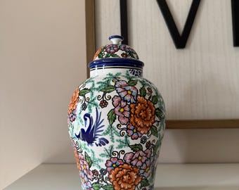 Vintage Mexican Floral Ginger Jar | Hand Painted Lidded Ceramic Vase | Colorful Grandmillennial Decor | Chinoiserie Style Jar
