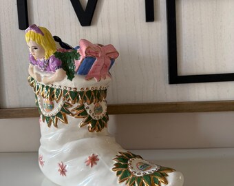 Vintage Ceramic Christmas Boot Candle Holder • Hand-Painted Holiday Decor