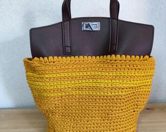 Handmade Crochet Tote Bag: Yellow Cotton Purse with Leather Handles