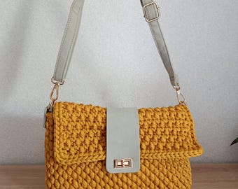 Handmade Crochet Crossbody Bag: Mustard Yellow Knit Tote with Leather Strap