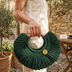 Emerald Green Crochet Half Moon Bag, Hand-Knitted Statement Tote, Summer Floral Purse