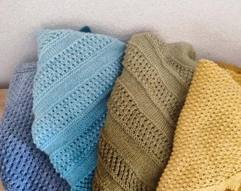 Handmade Knitted Triangle Shawl: Ombre Blue Wool Blend Scarf