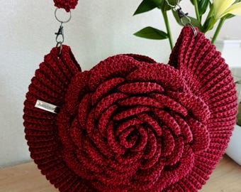 3D Red Rose Crochet Handbag, Cotton Lurex Evening Purse, Boho Luxe Tote