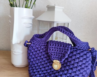 Purple Crochet Crossbody Bag: Boho Knit Purse with Gold Twist Lock