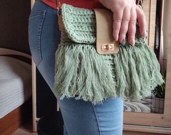 Boho Crochet Fringe Bag: Sage Green Cotton Shoulder Purse