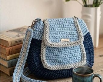 Sac à bandoulière convertible en sac à dos au crochet, sac à bandoulière en coton et lurex bleu, sac à main en tricot bohème