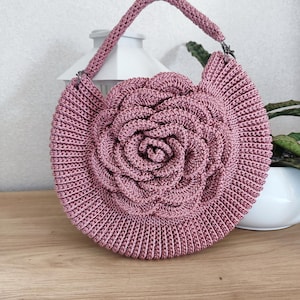 Crochet Rose Bag: Handmade Pink Cotton Purse, Detachable Handle