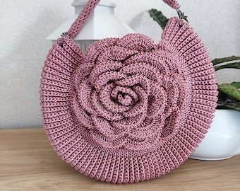 Crochet Rose Bag: Handmade Pink Cotton Purse, Detachable Handle