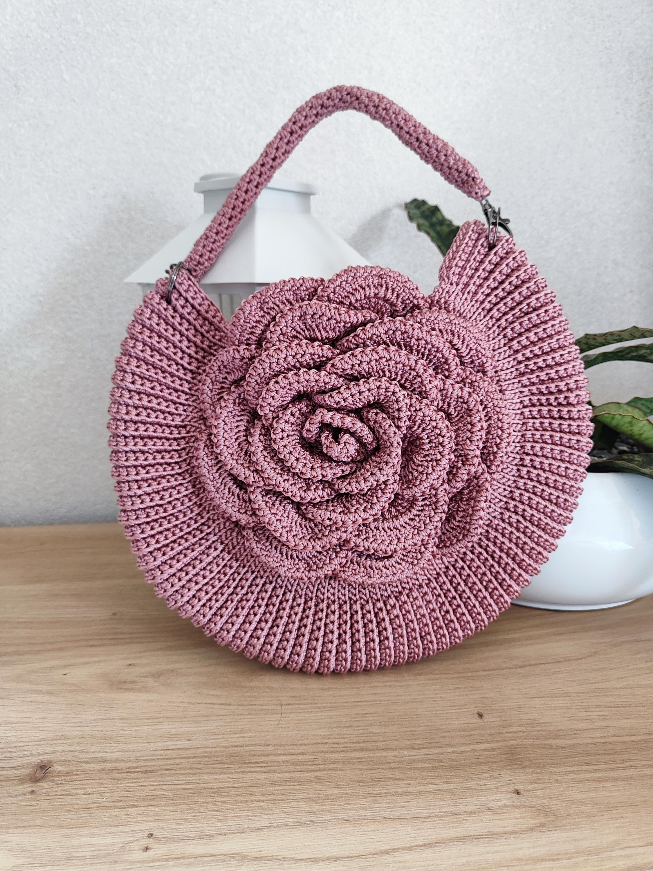 Pastel Pink Floral Crochet Tote Bag, Romantic Boho Hand-knitted