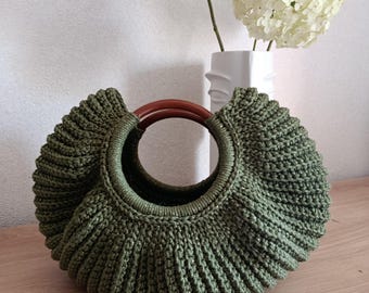 Crochet Glitter Tote Bag: Light Olive Green Knitted Purse with Plastic Handles