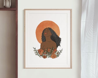Woman Line Art Print, Black Woman Art, Colorful Flower Art Print, Sun Art Print, Flower Line Art Print, Boho Wall Decor