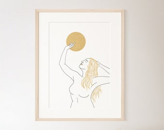 Sun Goddess Art Print, Woman Line Art Print, Sun Art Print, Boho Wall Decor, Sun Wall Art, Celestial Wall Art, Digital Download, Printable