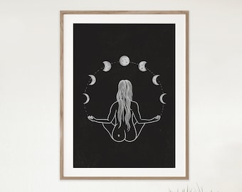 Moon Goddess Art Print, Boho Goddess Art Print, Digital Download Art, Celestial Woman Art, Moon Art Print, Moon Phase Art